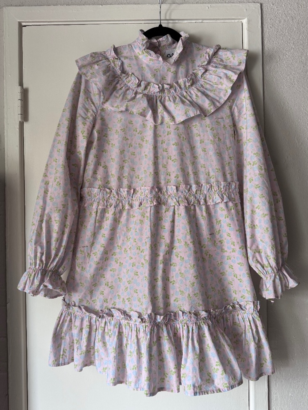 GANNI Ruffled floral-print cotton mini dress Pastel‎ Blue Pink Size 36